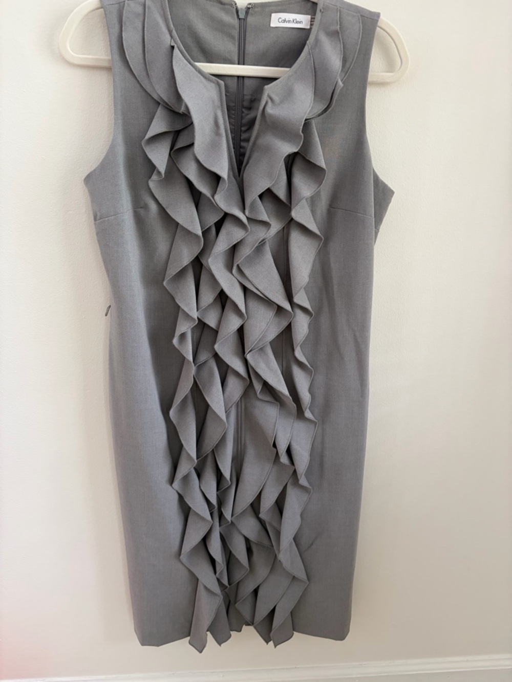 Calvin Klein Gray Sleeveless Ruffle Sheath Midi Dress